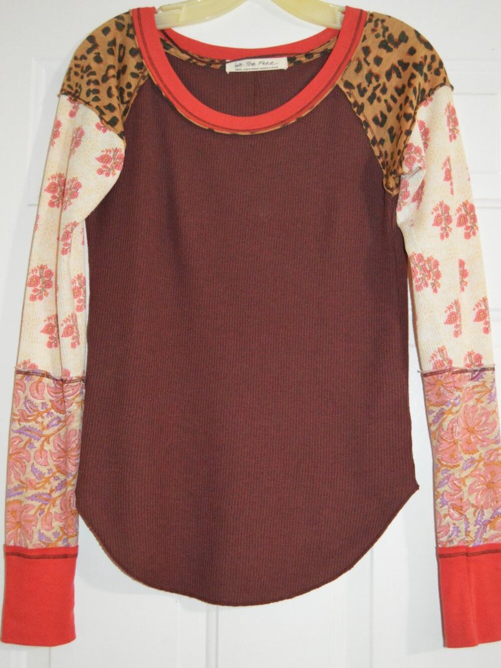 Free People top Small long sleeve burgundy/brown ribbed multi colored sleeves